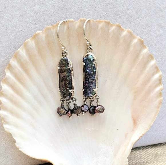 Peacock Stick Natural Pearls Dangle Earrings 925 - Picture 12 of 15